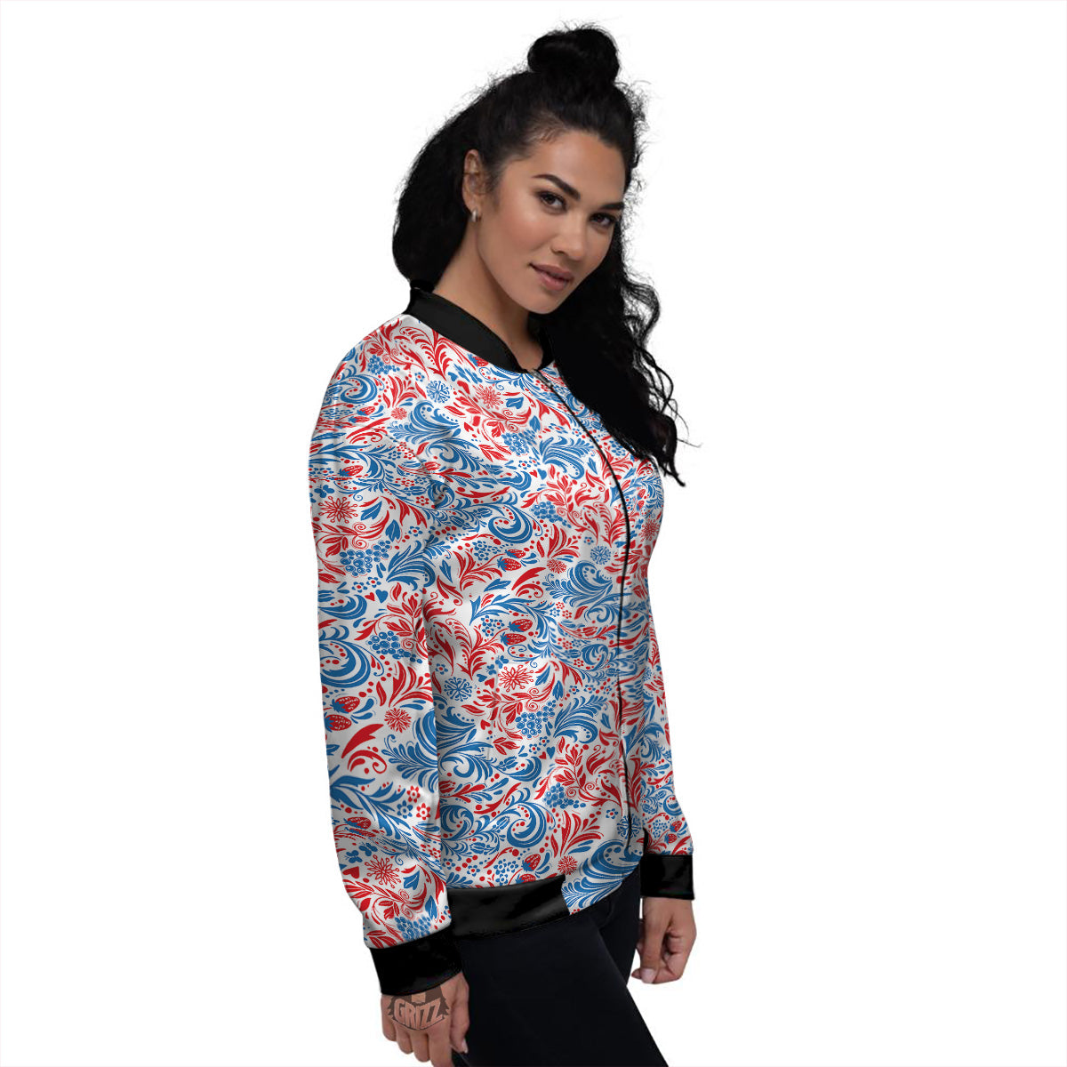 Traditional Khokhloma Red And Blue Print Pattern Women's Bomber Jacket-grizzshop