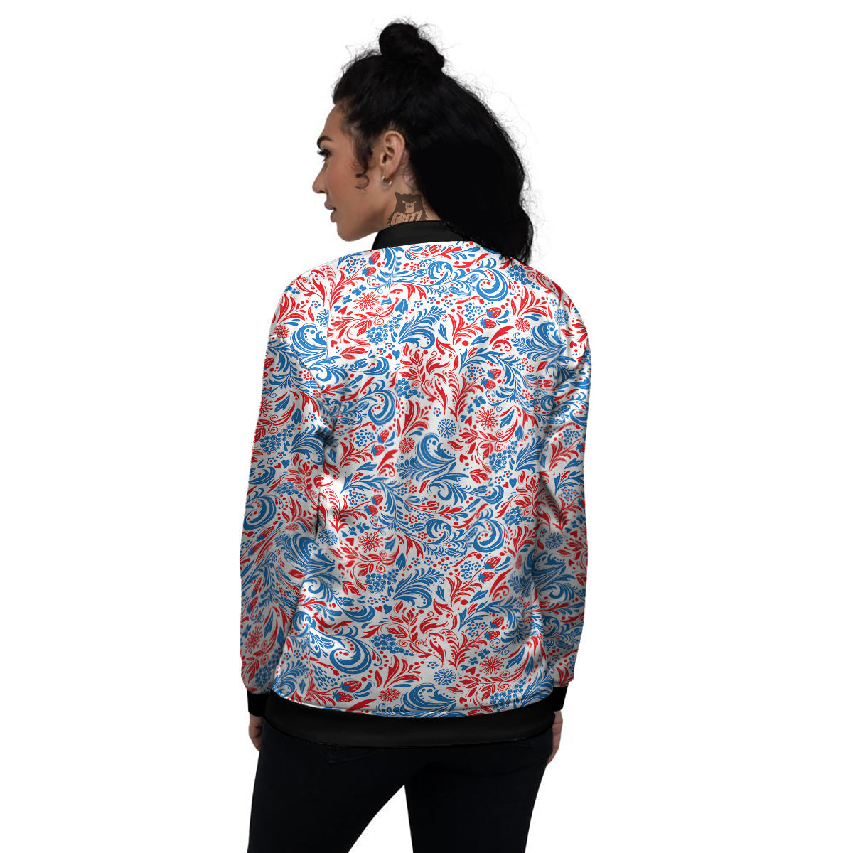 Traditional Khokhloma Red And Blue Print Pattern Women's Bomber Jacket-grizzshop