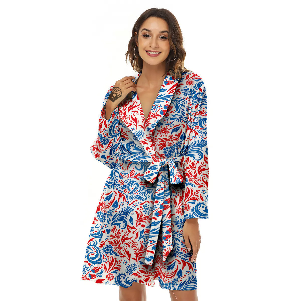 Traditional Khokhloma Red And Blue Print Pattern Women's Robe-grizzshop