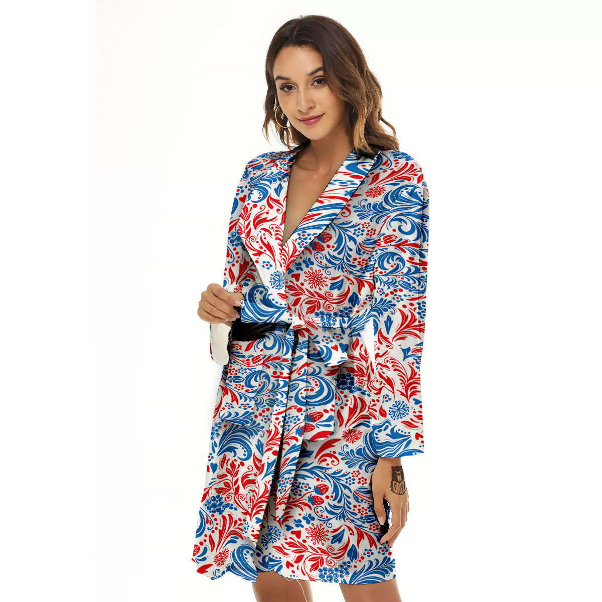 Traditional Khokhloma Red And Blue Print Pattern Women's Robe-grizzshop