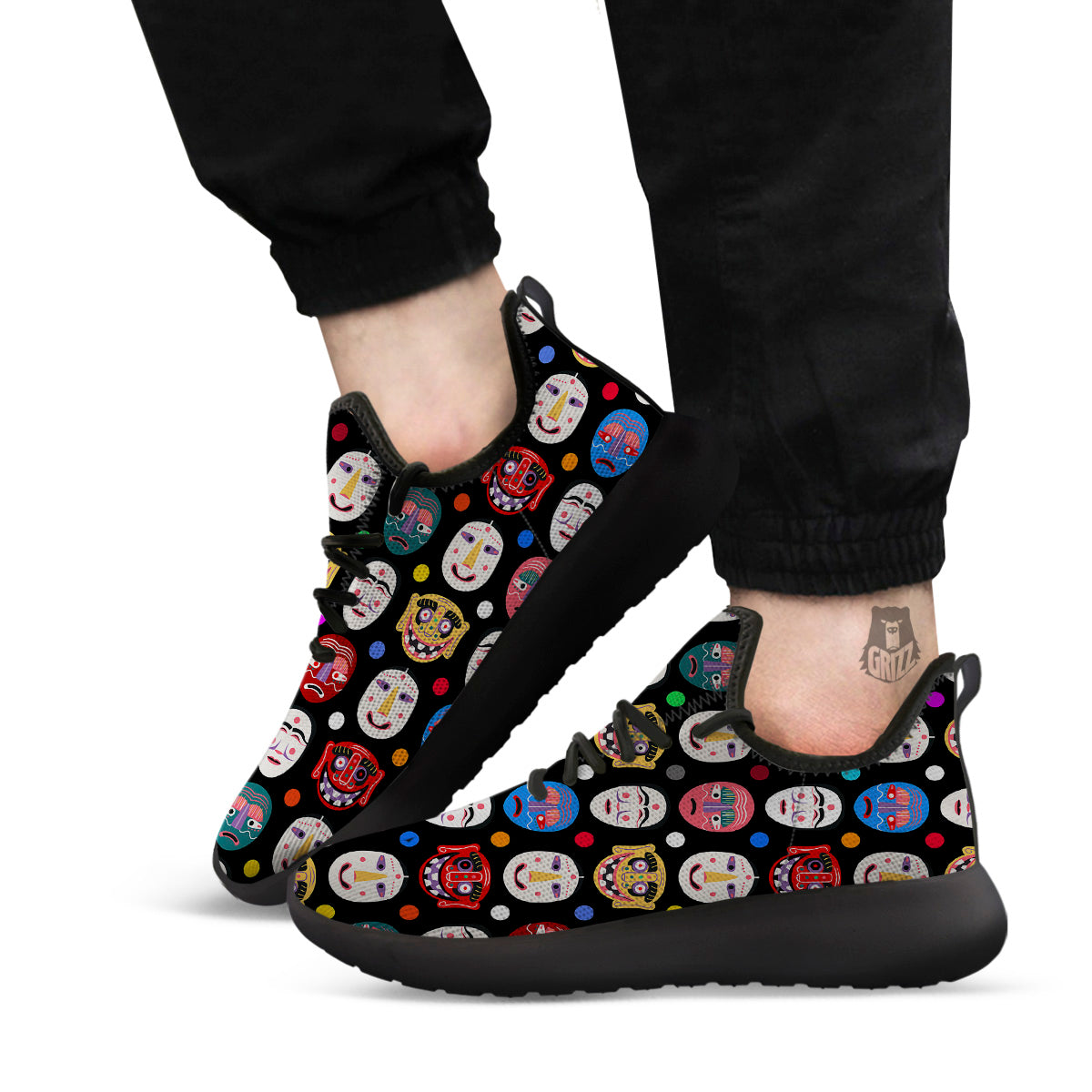 Traditional Korean Masks Print Pattern Black Athletic Shoes-grizzshop