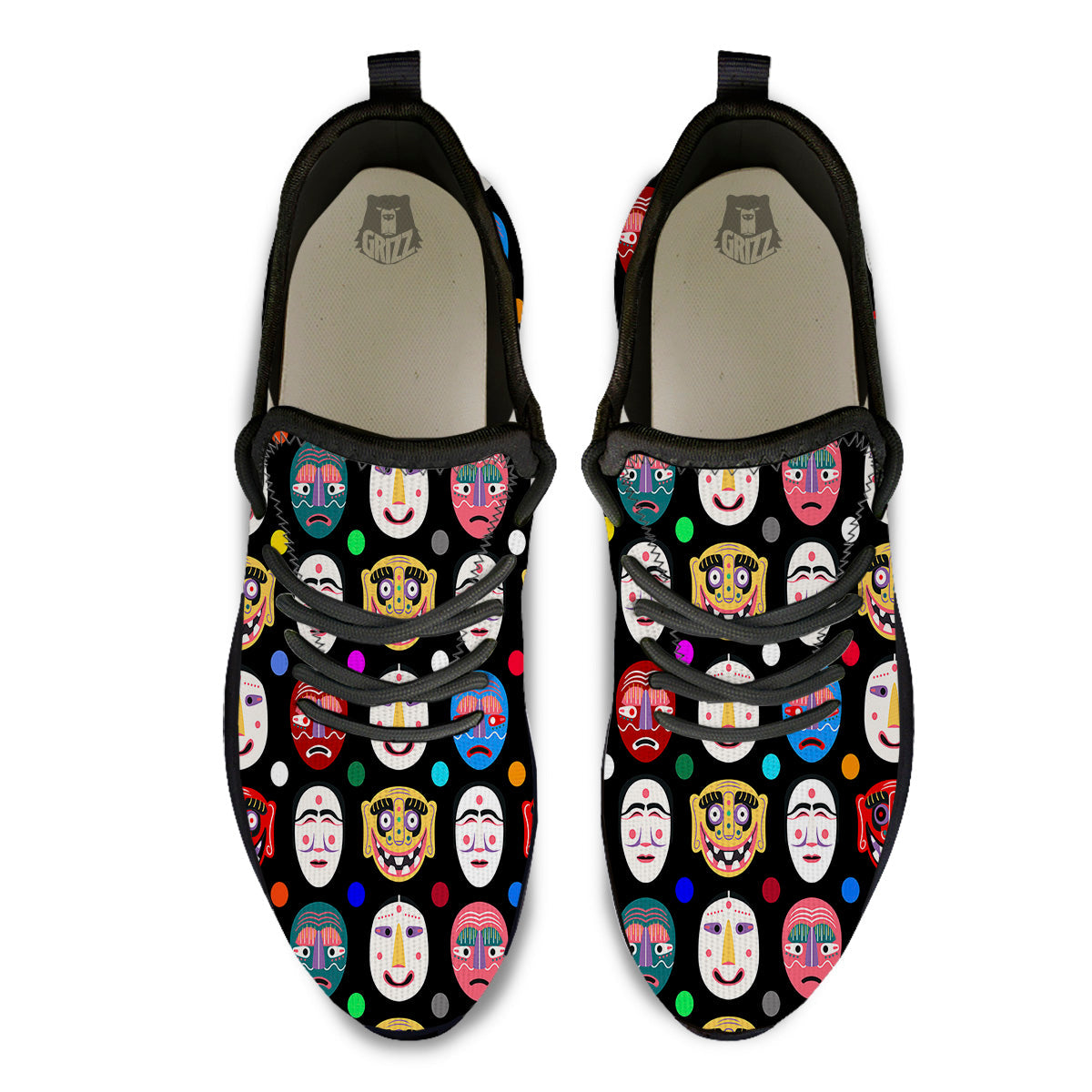 Traditional Korean Masks Print Pattern Black Athletic Shoes-grizzshop