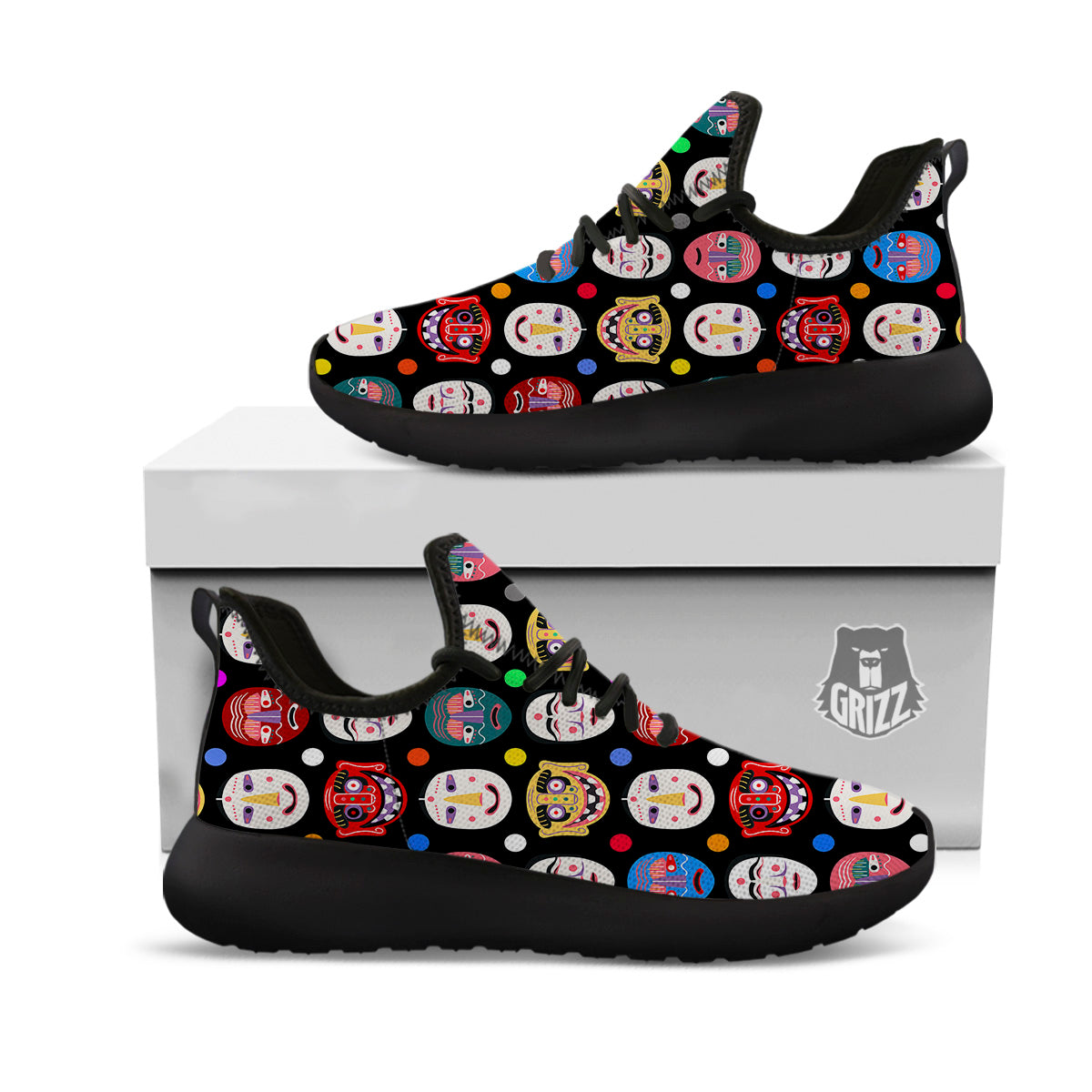Traditional Korean Masks Print Pattern Black Athletic Shoes-grizzshop
