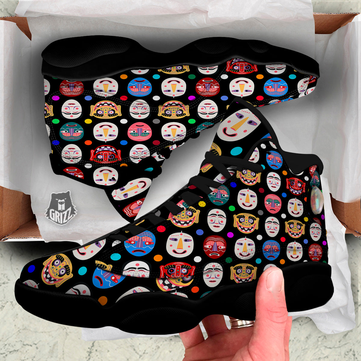 Traditional Korean Masks Print Pattern Black Basketball Shoes-grizzshop