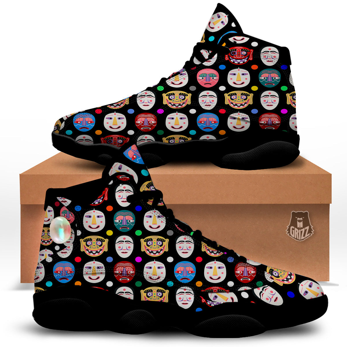 Traditional Korean Masks Print Pattern Black Basketball Shoes-grizzshop