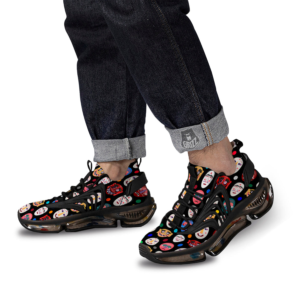 Traditional Korean Masks Print Pattern Black Gym Shoes-grizzshop