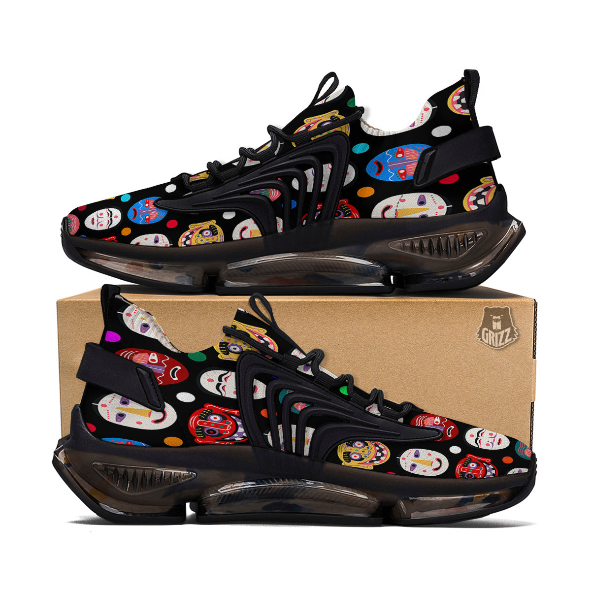 Traditional Korean Masks Print Pattern Black Gym Shoes-grizzshop