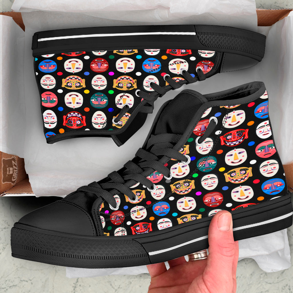 Traditional Korean Masks Print Pattern Black High Top Shoes-grizzshop