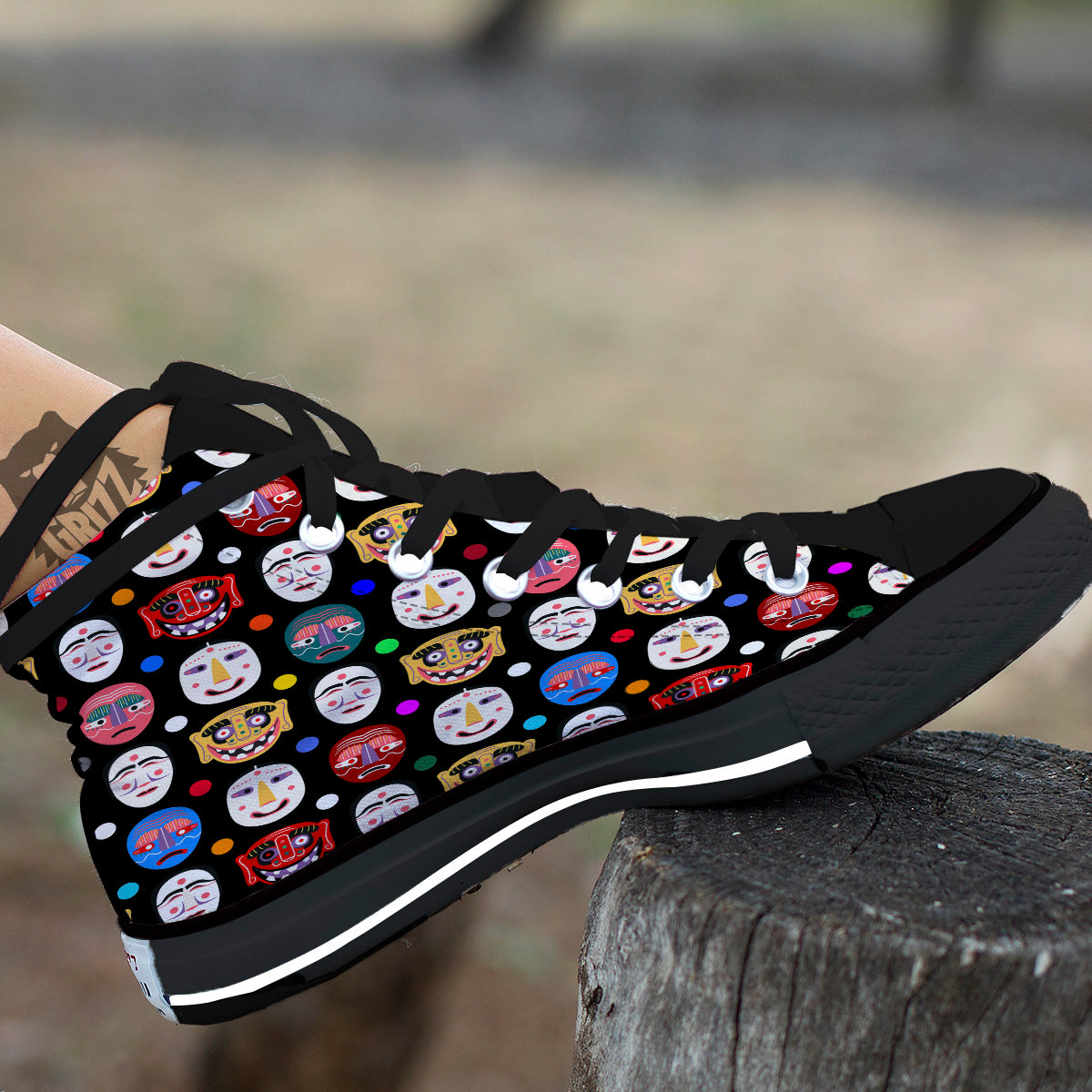 Traditional Korean Masks Print Pattern Black High Top Shoes-grizzshop