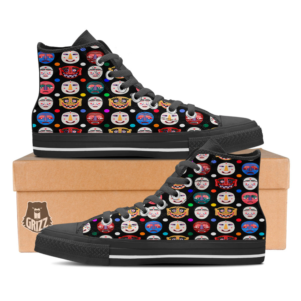 Traditional Korean Masks Print Pattern Black High Top Shoes-grizzshop
