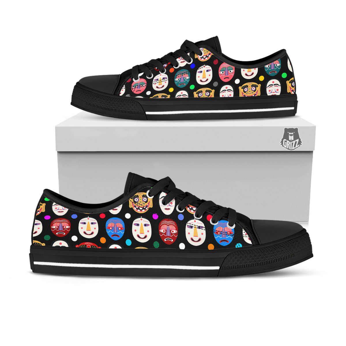 Traditional Korean Masks Print Pattern Black Low Top Shoes-grizzshop