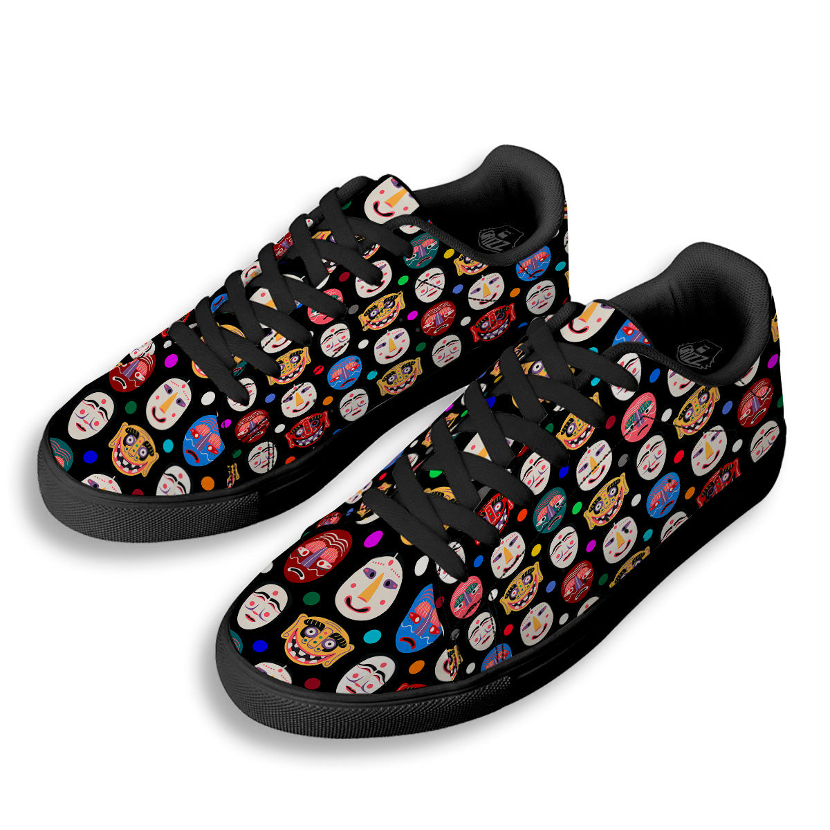 Traditional Korean Masks Print Pattern Black Low Top Sneakers-grizzshop