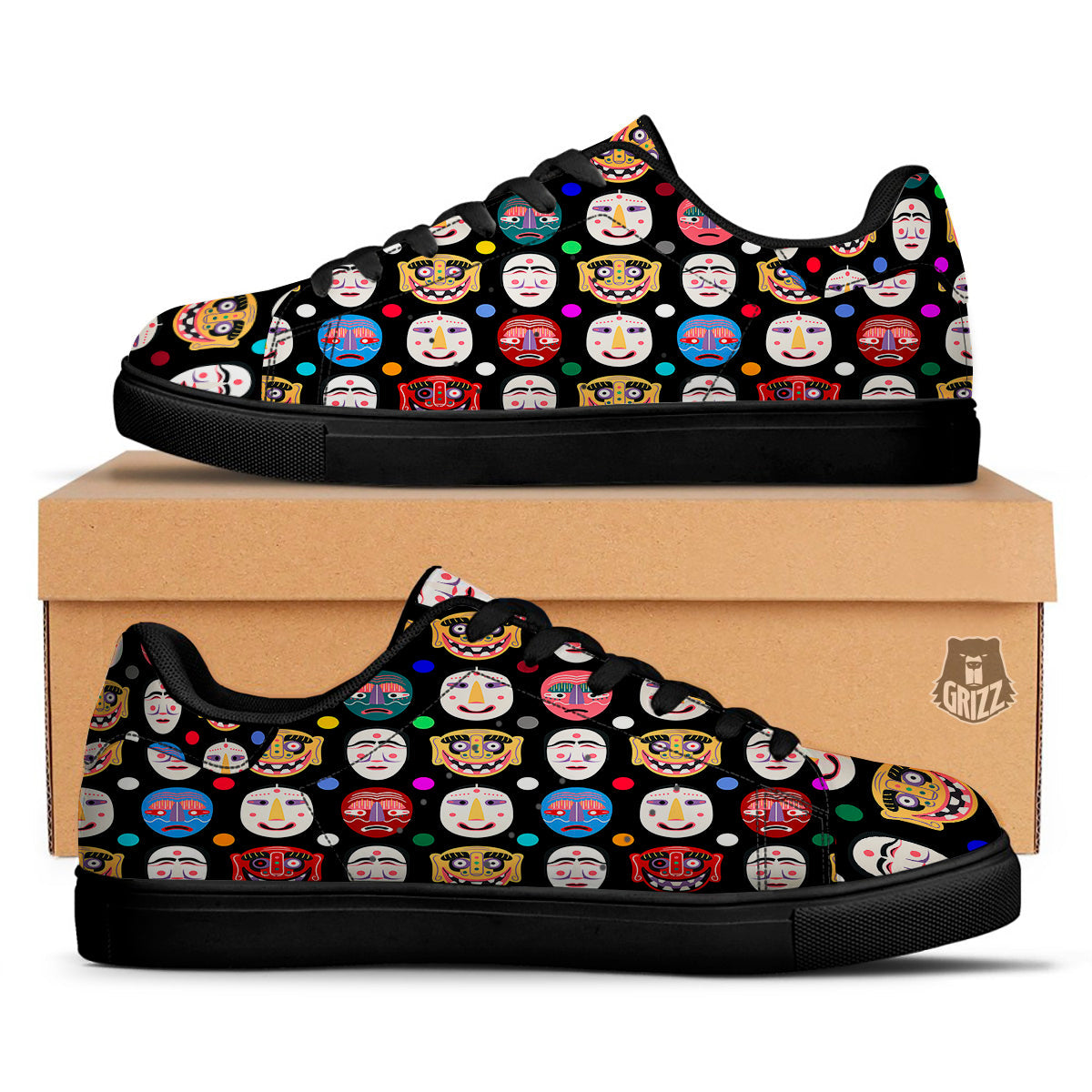 Traditional Korean Masks Print Pattern Black Low Top Sneakers-grizzshop