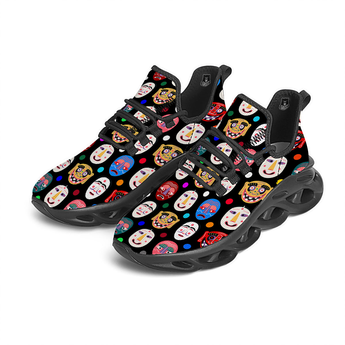 Traditional Korean Masks Print Pattern Black Running Shoes-grizzshop