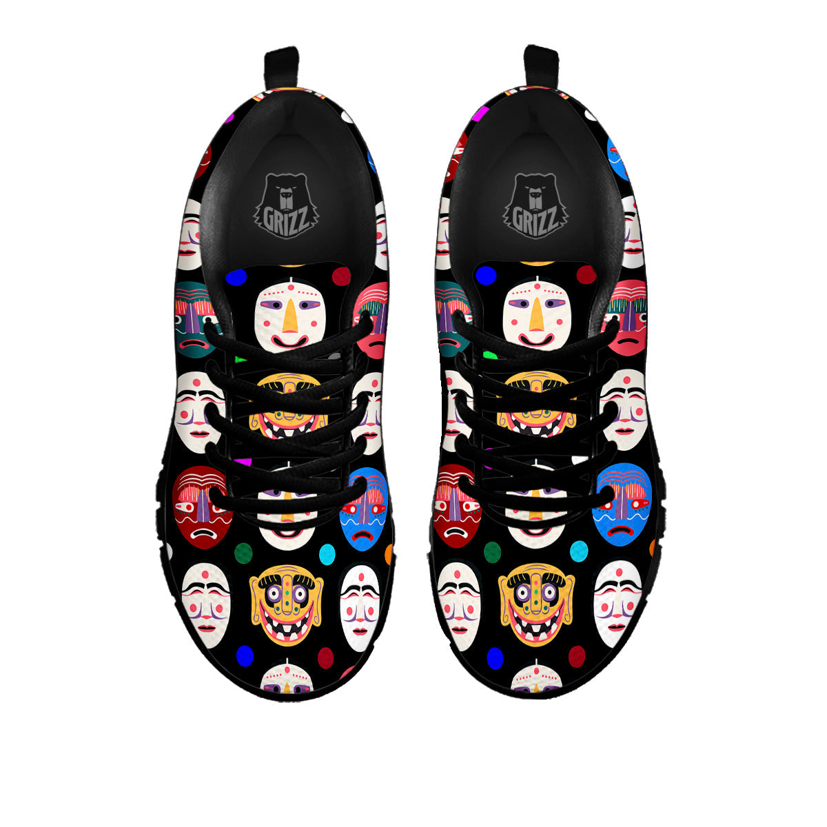 Traditional Korean Masks Print Pattern Black Sneaker-grizzshop