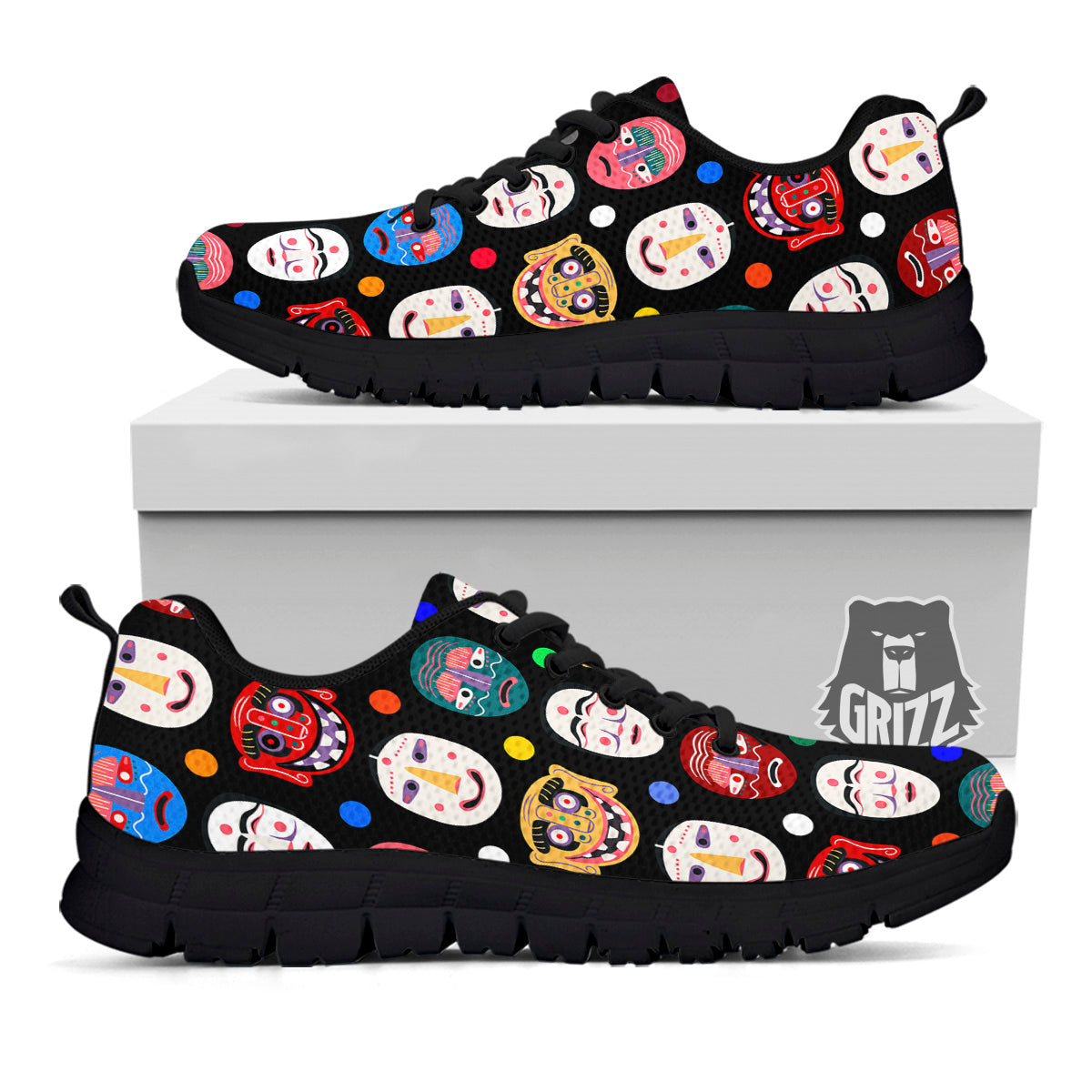 Traditional Korean Masks Print Pattern Black Sneaker-grizzshop