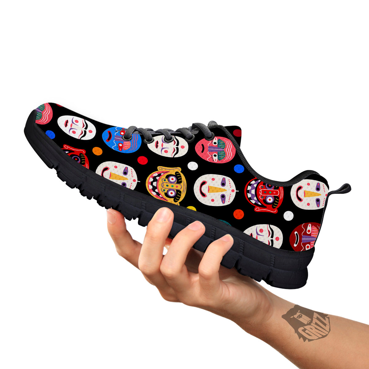 Traditional Korean Masks Print Pattern Black Sneaker-grizzshop