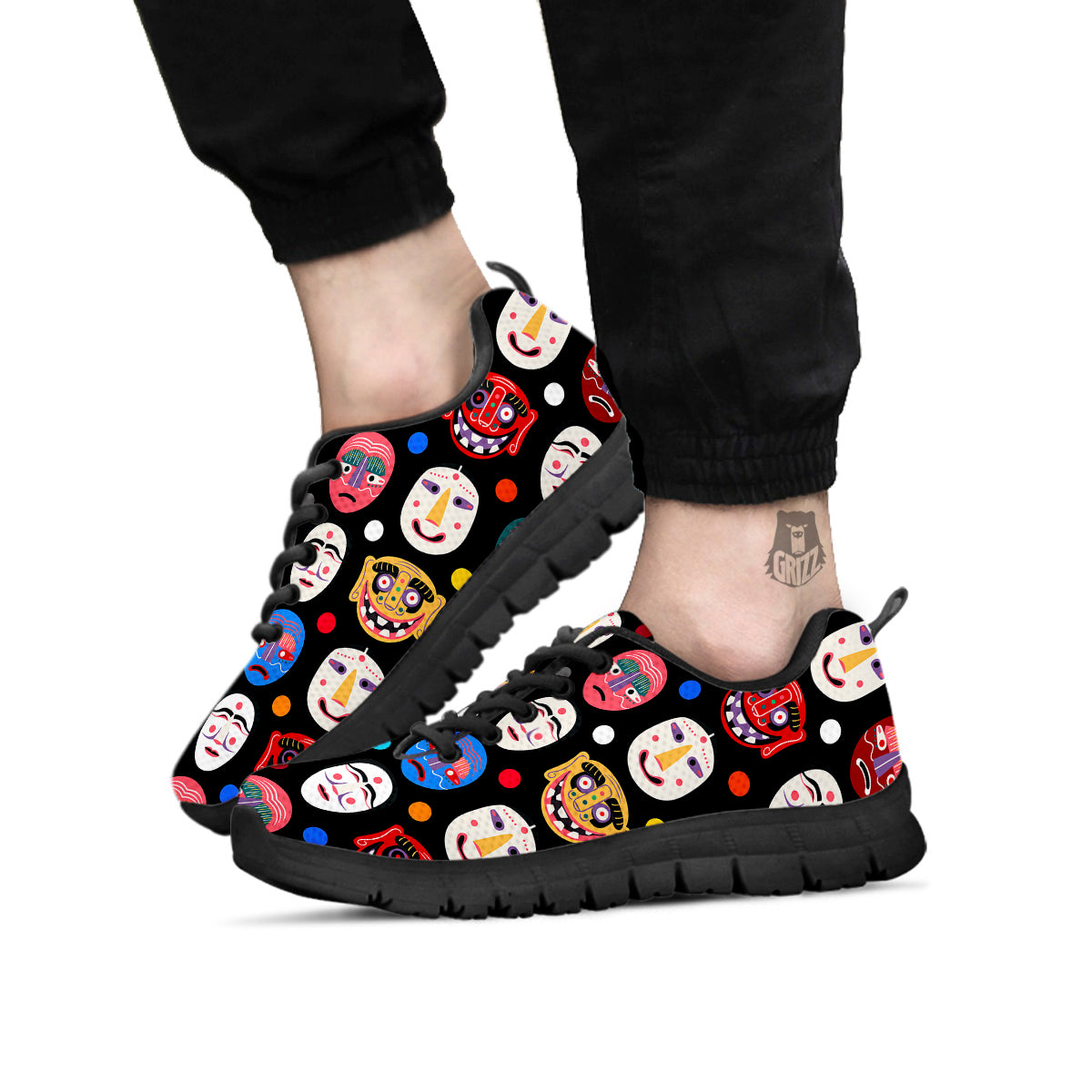 Traditional Korean Masks Print Pattern Black Sneaker-grizzshop