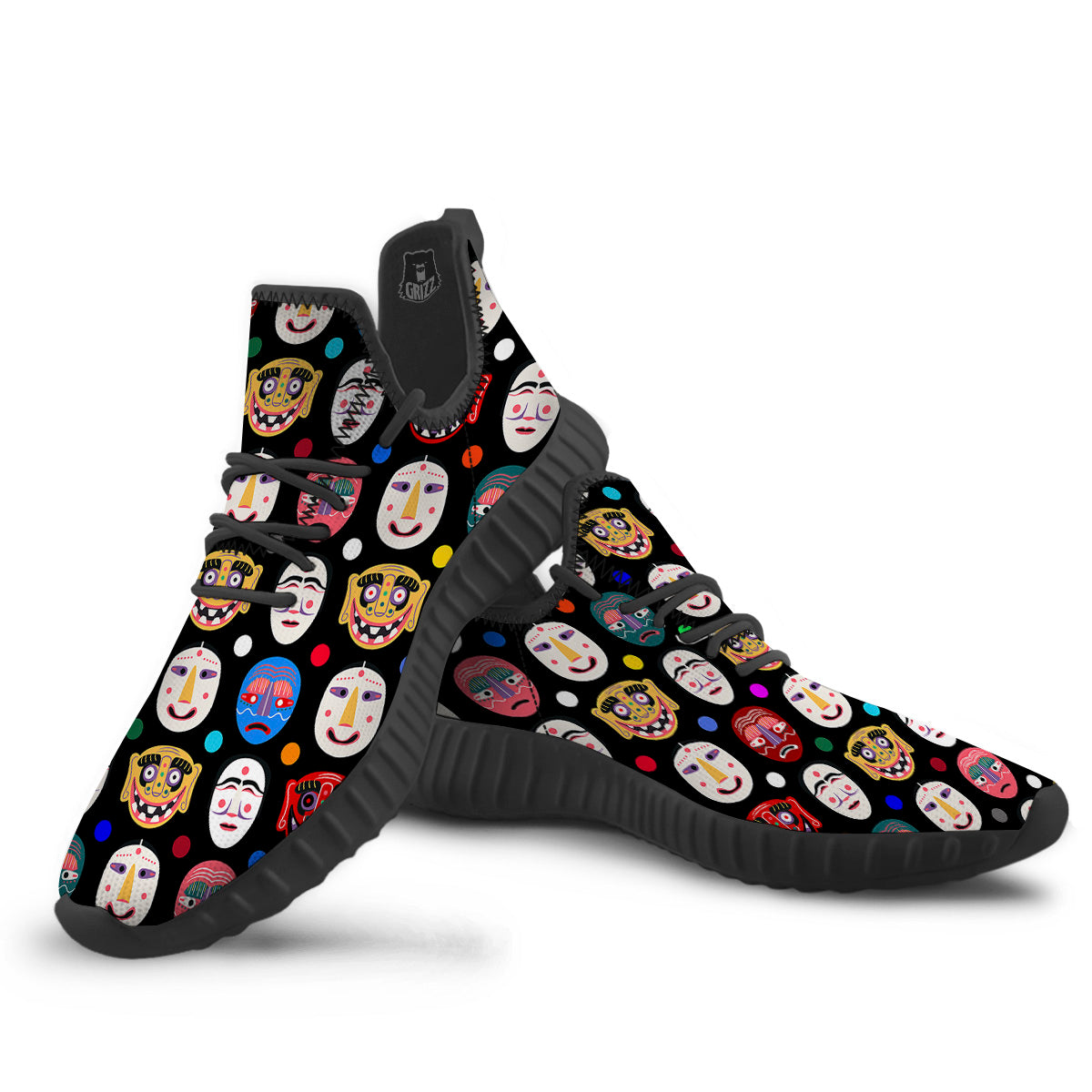 Traditional Korean Masks Print Pattern Black Walking Shoes-grizzshop