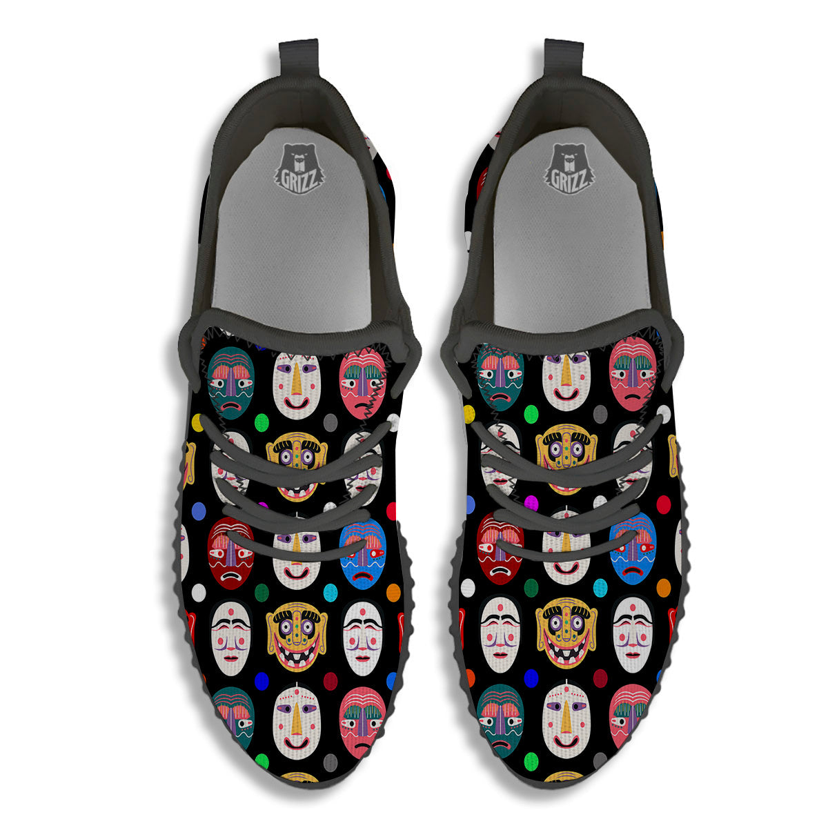 Traditional Korean Masks Print Pattern Black Walking Shoes-grizzshop