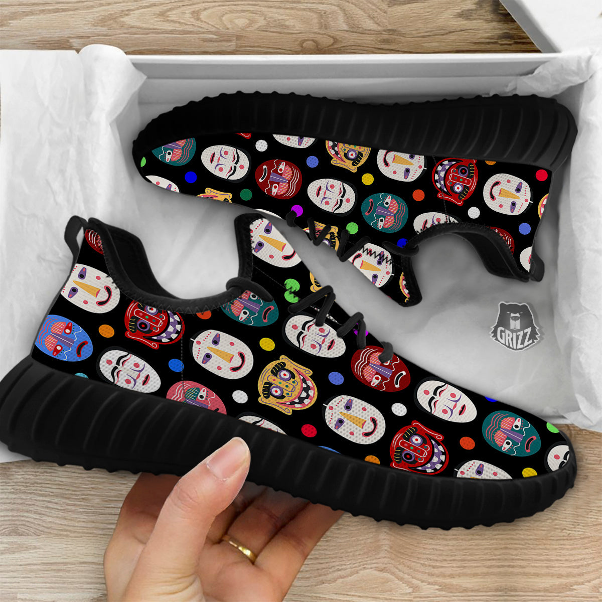 Traditional Korean Masks Print Pattern Black Walking Shoes-grizzshop