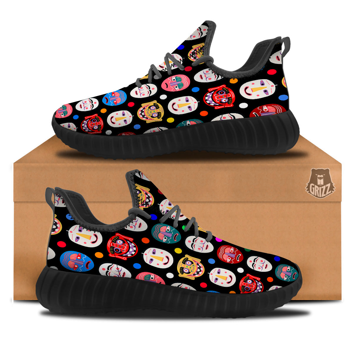 Traditional Korean Masks Print Pattern Black Walking Shoes-grizzshop