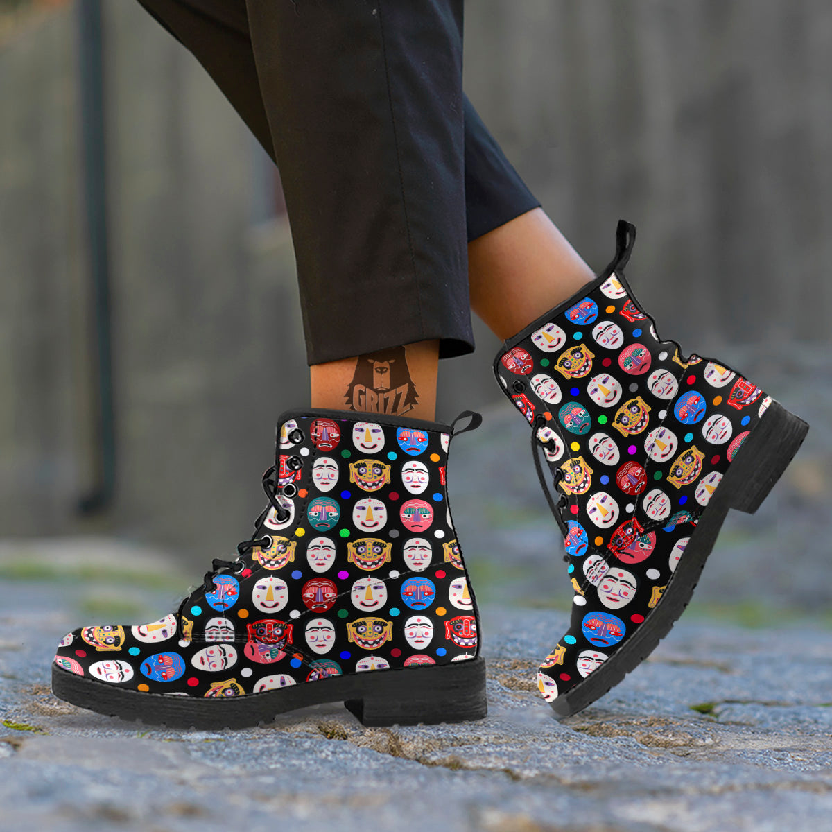 Traditional Korean Masks Print Pattern Leather Boots-grizzshop