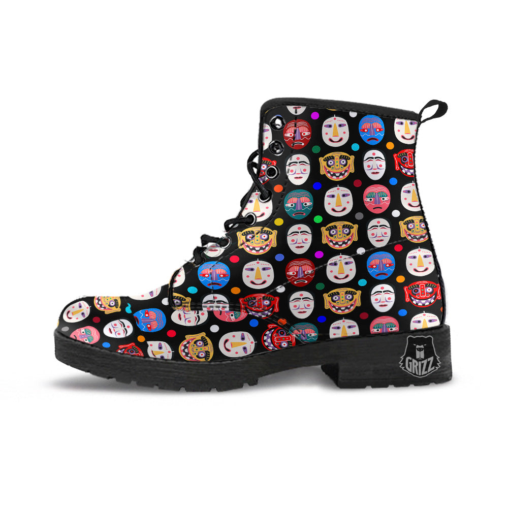 Traditional Korean Masks Print Pattern Leather Boots-grizzshop