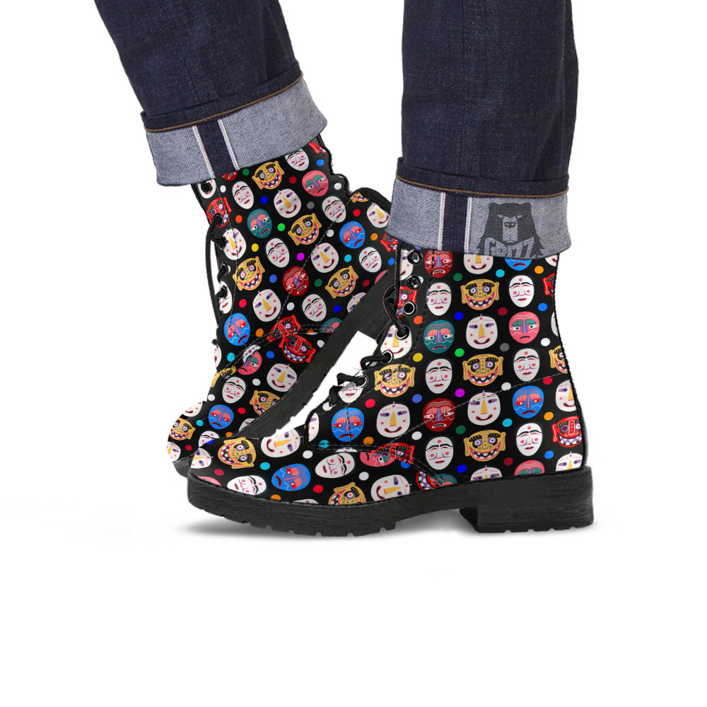 Traditional Korean Masks Print Pattern Leather Boots-grizzshop