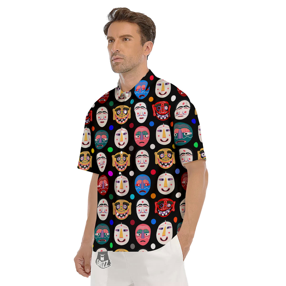 Traditional Korean Masks Print Pattern Men's Short Sleeve Shirts-grizzshop