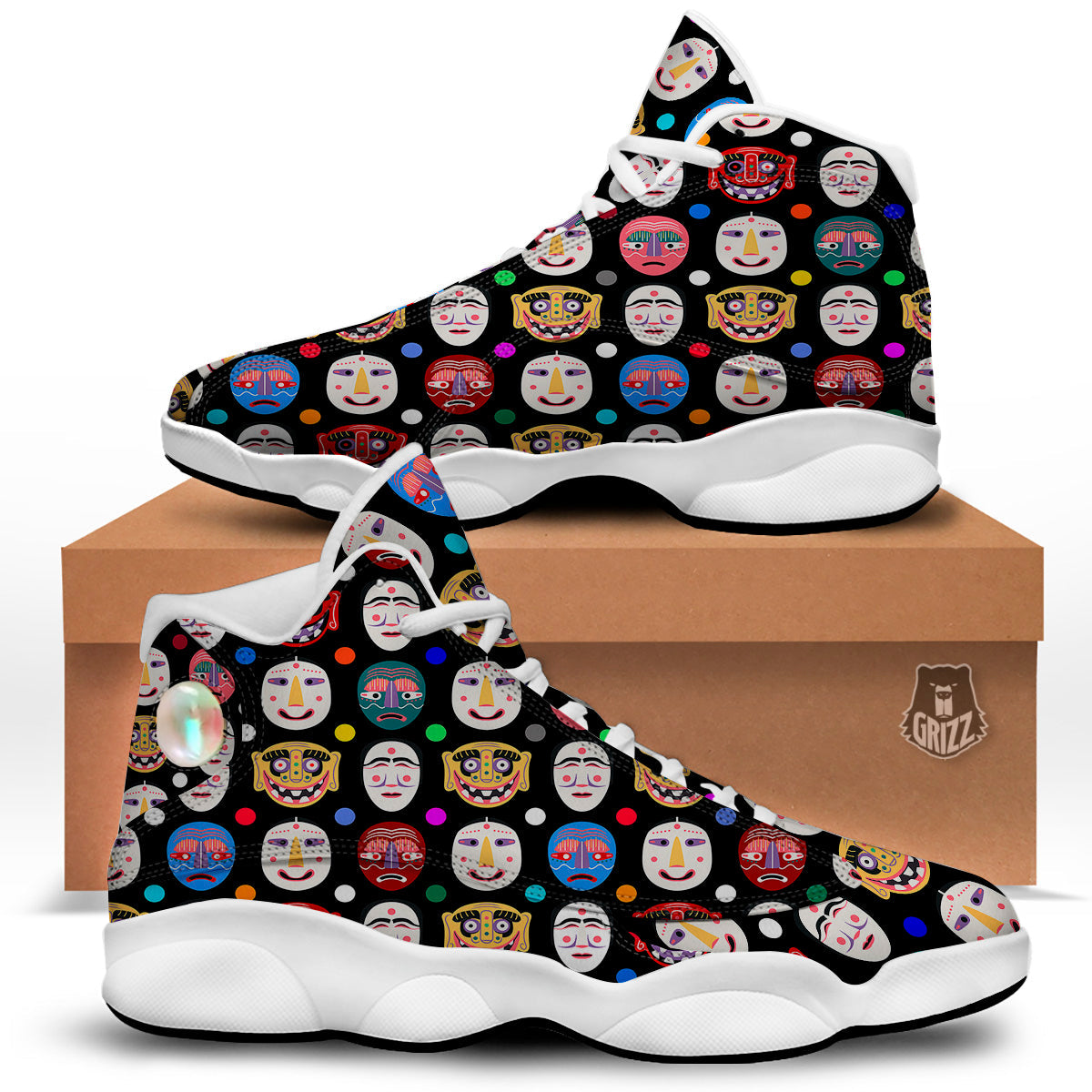 Traditional Korean Masks Print Pattern White Basketball Shoes-grizzshop