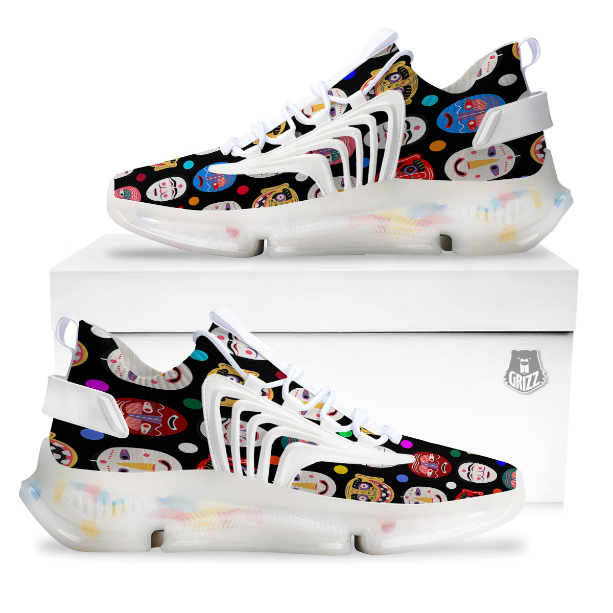Traditional Korean Masks Print Pattern White Gym Shoes-grizzshop