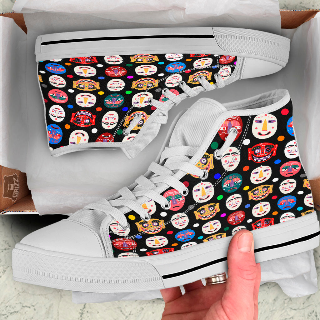 Traditional Korean Masks Print Pattern White High Top Shoes-grizzshop