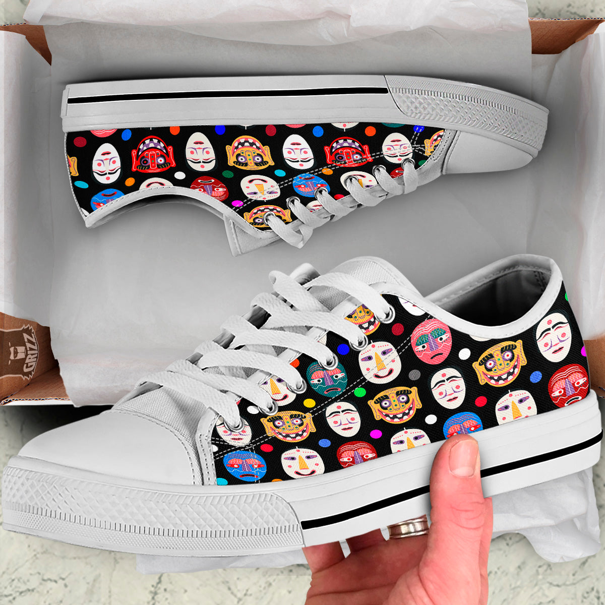 Traditional Korean Masks Print Pattern White Low Top Shoes-grizzshop