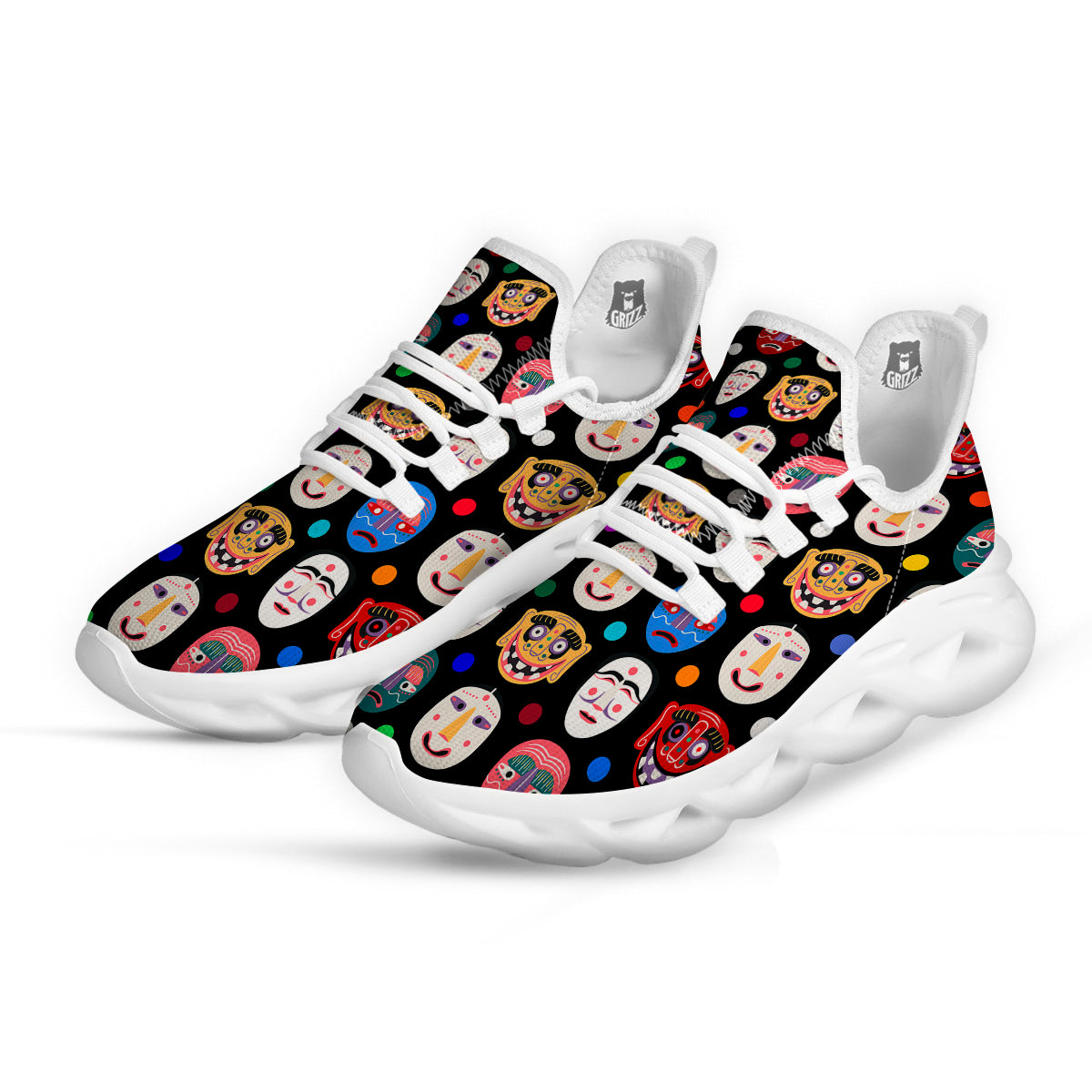 Traditional Korean Masks Print Pattern White Running Shoes-grizzshop