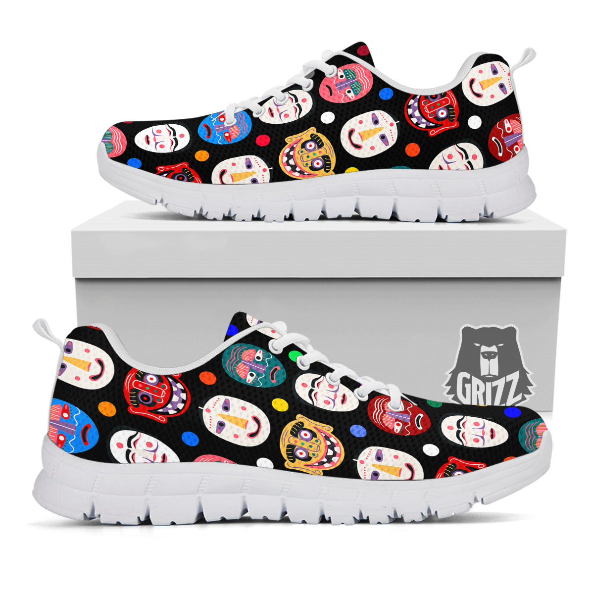 Traditional Korean Masks Print Pattern White Sneaker-grizzshop