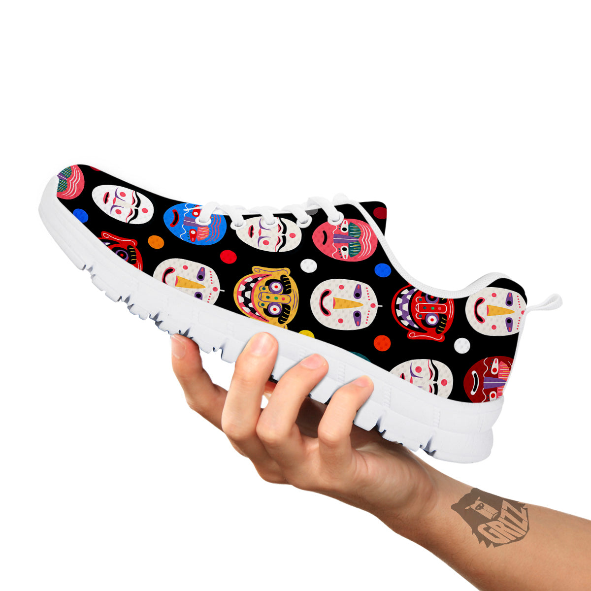 Traditional Korean Masks Print Pattern White Sneaker-grizzshop