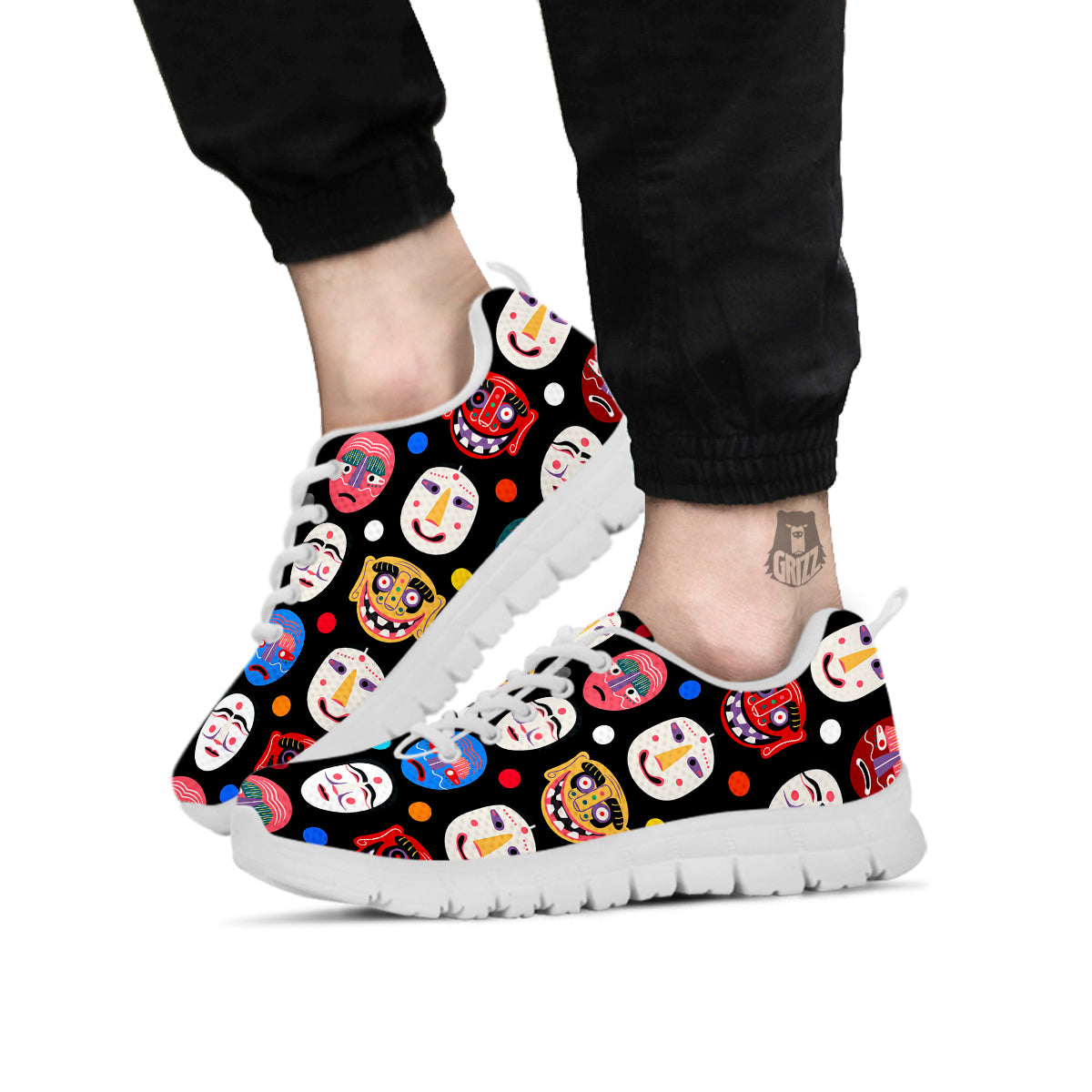Traditional Korean Masks Print Pattern White Sneaker-grizzshop