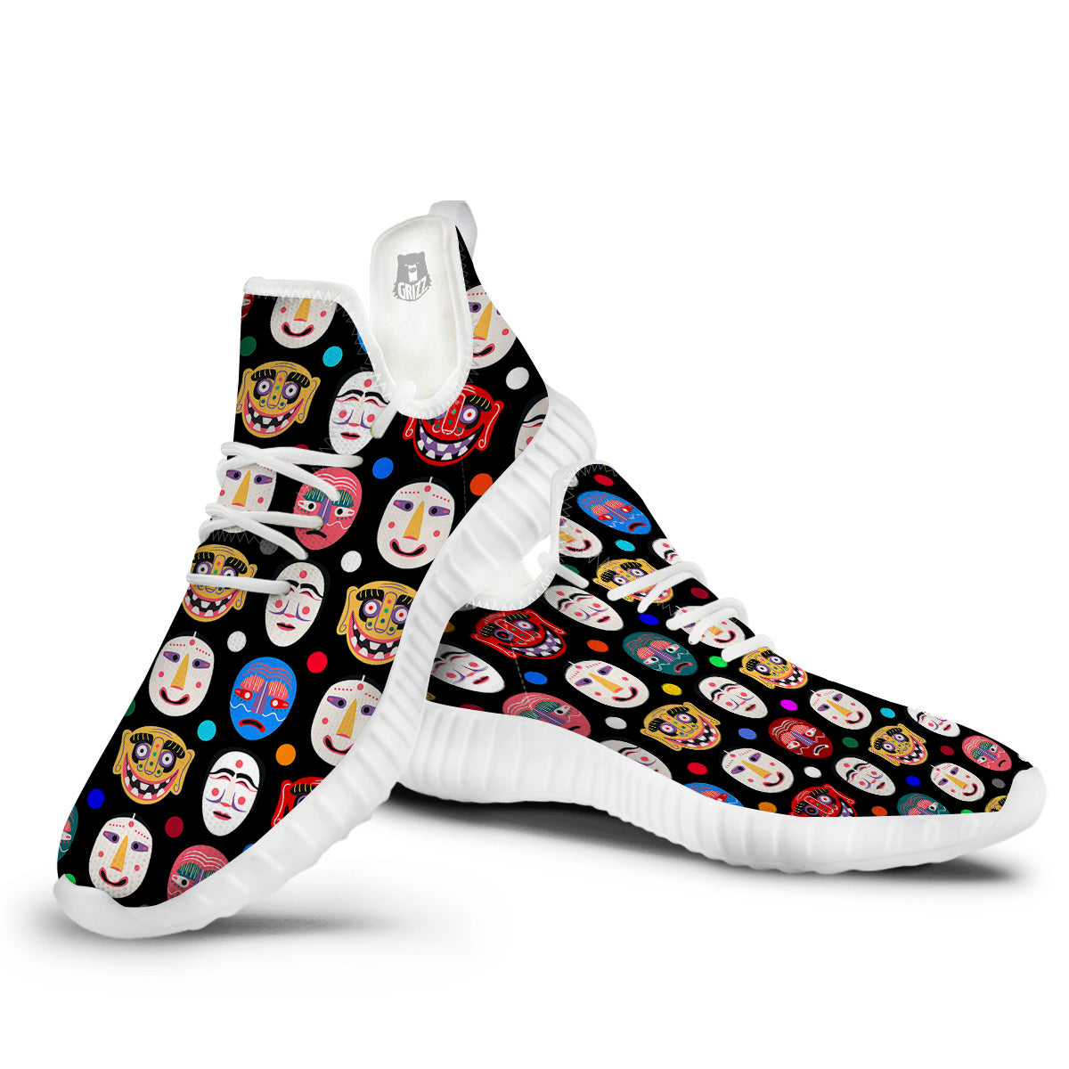Traditional Korean Masks Print Pattern White Walking Shoes-grizzshop