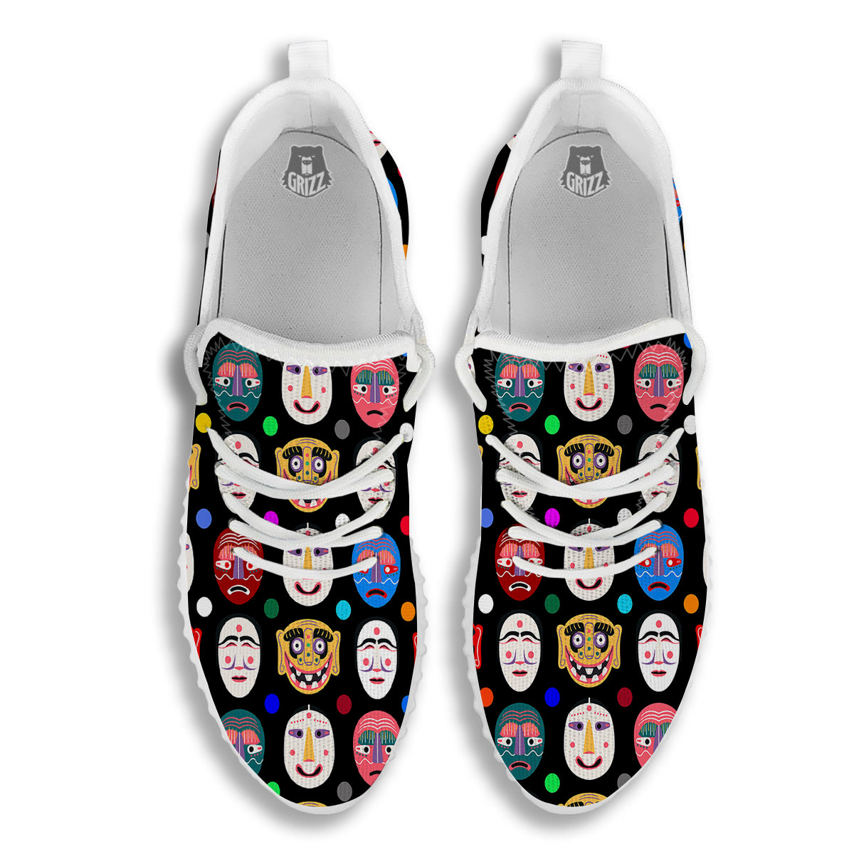 Traditional Korean Masks Print Pattern White Walking Shoes-grizzshop