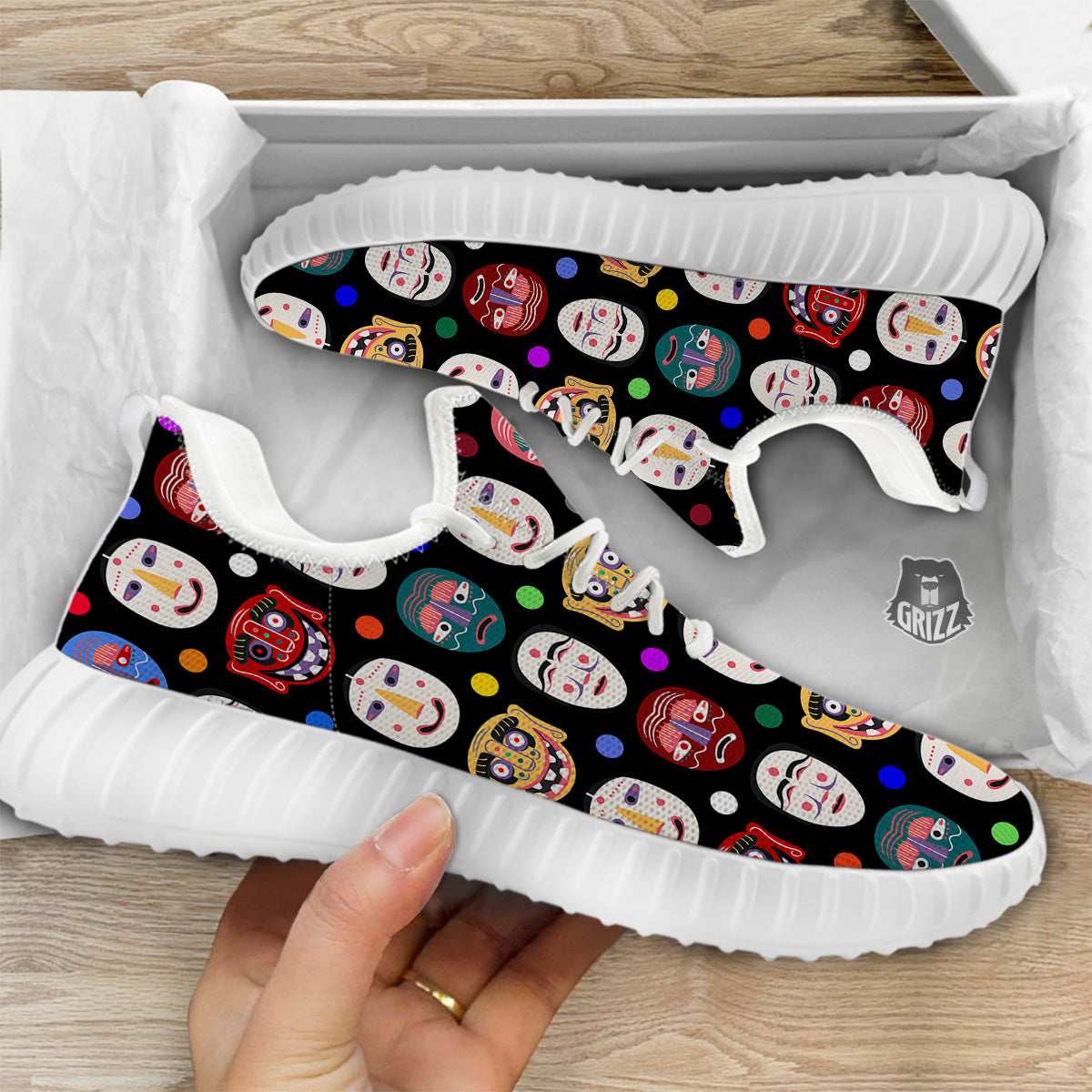 Traditional Korean Masks Print Pattern White Walking Shoes-grizzshop