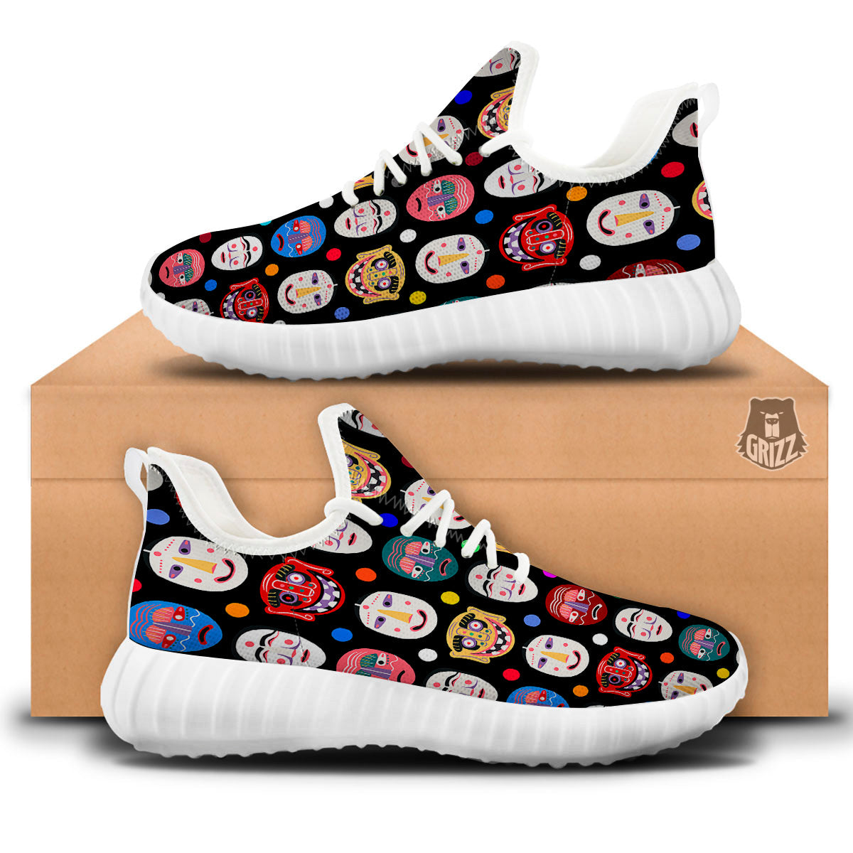 Traditional Korean Masks Print Pattern White Walking Shoes-grizzshop