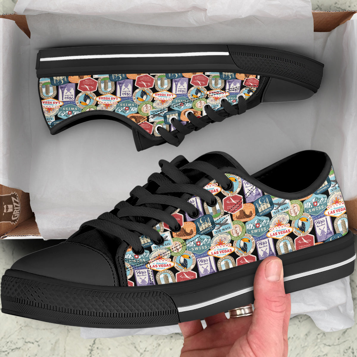 Travel Destinations Print Pattern Black Low Top Shoes-grizzshop