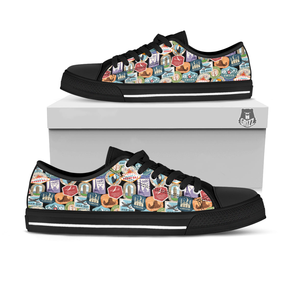 Travel Destinations Print Pattern Black Low Top Shoes-grizzshop