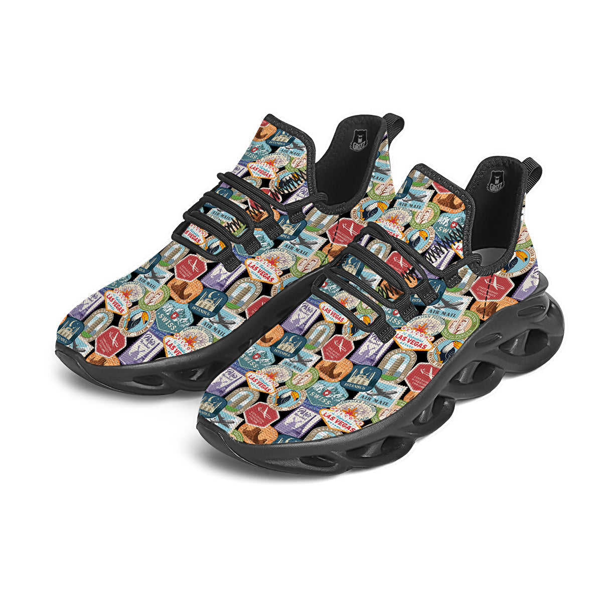 Travel Destinations Print Pattern Black Running Shoes-grizzshop
