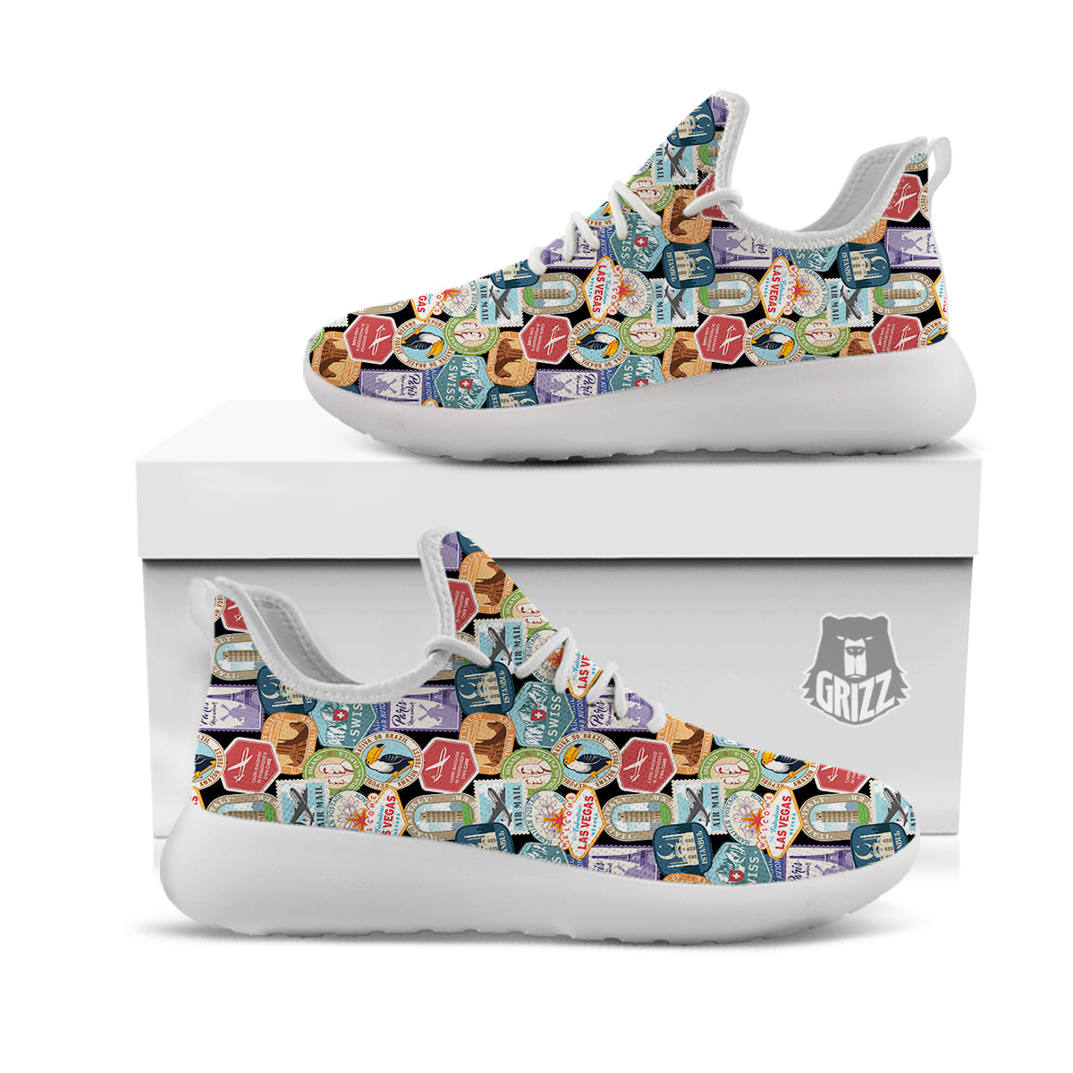 Travel Destinations Print Pattern White Athletic Shoes-grizzshop