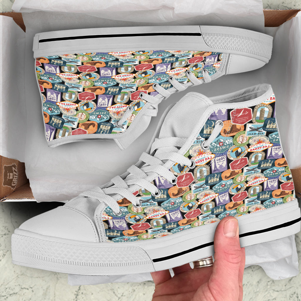 Travel Destinations Print Pattern White High Top Shoes-grizzshop