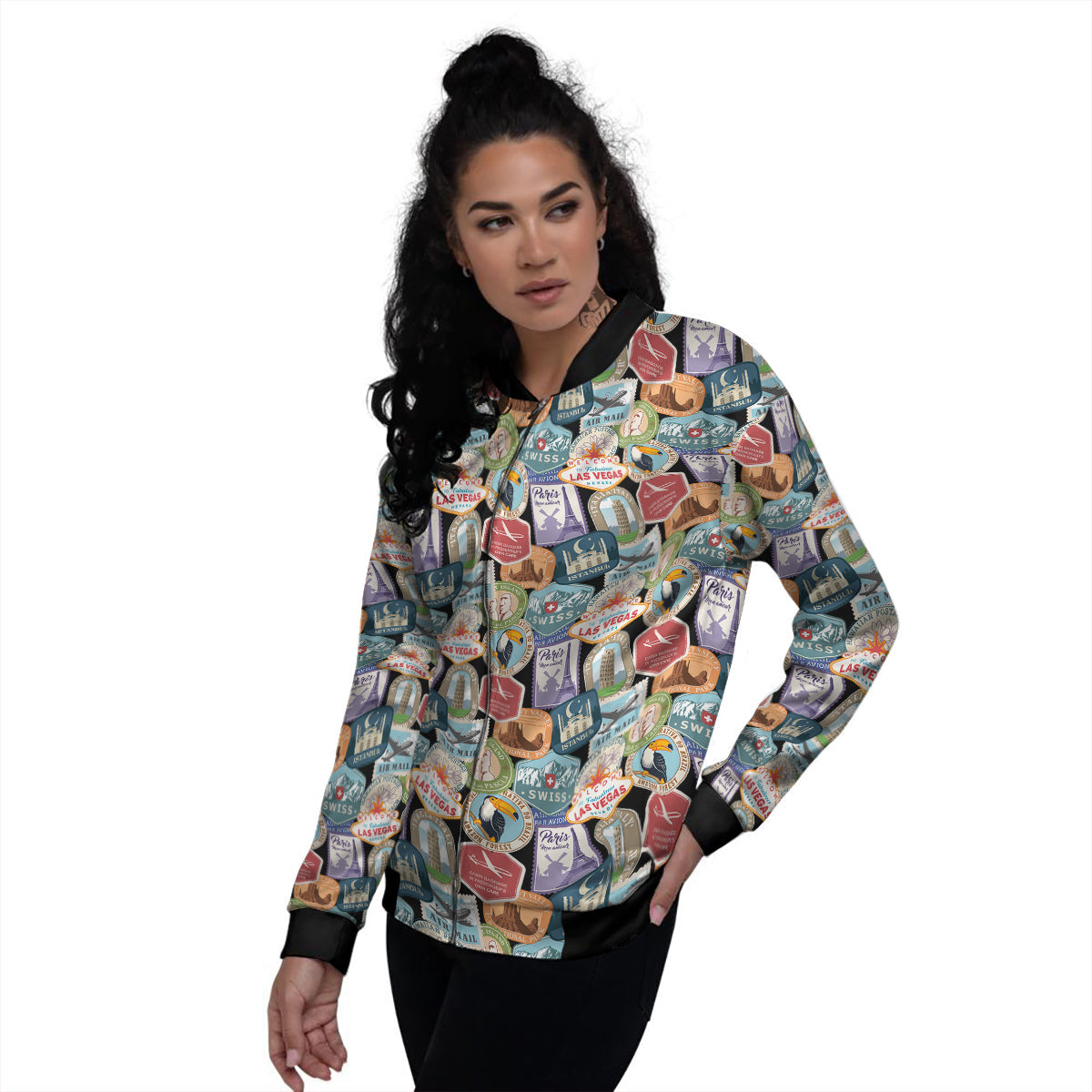 Travel Destinations Print Pattern Women's Bomber Jacket-grizzshop