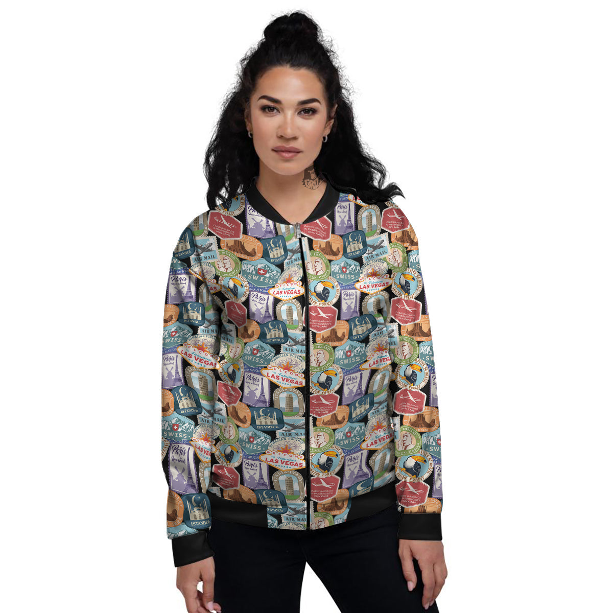 Travel Destinations Print Pattern Women's Bomber Jacket-grizzshop