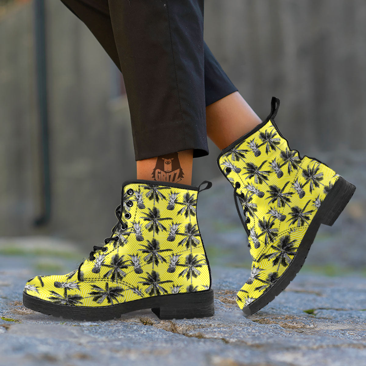 Tree Palm Yellow Print Pattern Leather Boots-grizzshop